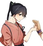 1girl asakawa_(outeq) bangs blue_hair blush bow commentary hair_bow holding_hands houshou_(kantai_collection) japanese_clothes kantai_collection long_hair out_of_frame ponytail simple_background smile solo_focus swept_bangs tasuki upper_body white_background yugake 