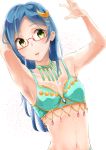  1girl aqua_bra aqua_panties armpits blue_hair bra breasts cleavage glasses green_eyes hair_ornament hand_in_hair highres long_hair looking_at_viewer medium_breasts moon_(ornament) murabito_c navel panties rinoda_mano school_girl_strikers simple_background solo underwear white_background 