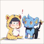  ! animal_costume black_border black_hair blue_eyes blush border bowl_cut chibi crossover d:&lt; fang full_body kurosawa_kazuto looking_at_viewer matsuno_karamatsu osomatsu-kun osomatsu-san pokemon pokemon_(creature) shadow shinx simple_background sitting tiger_costume tiger_print yellow_eyes 