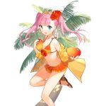  1girl bikini bikini_skirt blue_eyes character_request flower hair_flower hair_ornament holding long_hair looking_at_viewer mango navel off_shoulder official_art open_mouth palm_tree pink_hair salt_(salty) sandals smile solo strap_gap swimsuit transparent_background tree twintails uchi_no_hime-sama_ga_ichiban_kawaii 