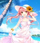  1girl :d bare_arms beach bracelet breasts cleavage clouds cloudy_sky collarbone dress flower hair_flower hair_ornament hat jewelry long_hair marimo_moka medium_breasts ocean open_mouth original outdoors palm_tree pink_hair scrunchie skirt_hold sky smile solo sparkle sun_hat sundress sunflower_hair_ornament tree waving wrist_scrunchie yellow_eyes 
