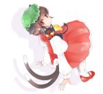  1girl animal animal_ears animal_on_shoulder bonnet bow bowtie brown_hair cat_ears cat_tail chen dress dutch_angle full_body green_hat hat juliet_sleeves litten_(pokemon) long_sleeves looking_at_viewer looking_back mary_janes multiple_tails orange_eyes pokemon pokemon_(creature) puffy_sleeves red_dress red_shoes ringo_tou_hachimitsu shadow shoes tail touhou two_tails white_background white_legwear yellow_bow yellow_bowtie yellow_sclera 