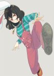  1girl animal_ears aqua_shirt black_hair carrot_necklace commentary_request dutch_angle full_body hair_between_eyes inaba_tewi kicking long_sleeves looking_at_viewer orange_shoes overalls p_no_hito pants rabbit_ears red_eyes red_pants shirt shoe_soles shoes short_hair silver_background solo striped striped_shirt suspenders tongue tongue_out touhou 