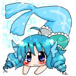  1girl ahoge annyui blue_eyes blue_hair blush chibi drill_hair japanese_clothes kimono mermaid monster_girl solo touhou wakasagihime 