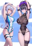  2girls armlet armpits arms_behind_head arms_up bangs bare_shoulders black_gloves black_swimsuit blue_bow blue_swimsuit blush bow breasts covered_navel fate/grand_order fate_(series) fingerless_gloves flower gloves gold_trim hair_between_eyes hair_bow hair_flower hair_ornament hair_up half_gloves highleg highleg_swimsuit highres large_breasts long_hair looking_at_viewer multiple_girls murasaki_shikibu_(fate) murasaki_shikibu_(swimsuit_rider)_(fate) one-piece_swimsuit open_mouth ponytail purple_hair red_eyes shichitsufuji silver_hair smile swimsuit thigh_strap thighs tied_hair tomoe_gozen_(fate) tomoe_gozen_(swimsuit_saber)_(fate) two-tone_swimsuit violet_eyes white_swimsuit 