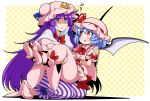  2girls bangs bat_wings blue_hair blunt_bangs bow bowtie carrying commentary_request crescent crescent_hair_ornament eichi_yuu flying_sweatdrops frills full_body hair_bow hair_ornament hat hat_ribbon heavy high_heels kneeling lifting_person long_hair mob_cap multiple_girls patchouli_knowledge pink_hat pink_shirt pink_shoes pink_skirt pointy_ears princess_carry puffy_short_sleeves puffy_sleeves purple_hair red_bow red_bowtie red_eyes red_ribbon remilia_scarlet ribbon seiza shaded_face shirt shoe_bow shoes short_sleeves sitting skirt sweat touhou trembling very_long_hair violet_eyes wings wrist_cuffs yellow_background 