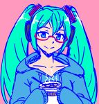  1girl akairiot bespectacled blush casual food glasses green_hair hatsune_miku headphones hood hoodie long_hair pink_background portrait red-framed_eyewear semi-rimless_glasses sketch sleeves_past_wrists smile solo twintails under-rim_glasses very_long_hair vocaloid 