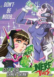  1girl ad black_hair bodysuit breasts covered_navel d.va_(overwatch) drinking energy_drink hand_on_hip headphones long_hair medium_breasts meme overwatch pilot_suit puckered_lips ribbed_bodysuit samanator_club solo whisker_markings 