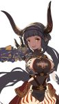  &gt;:d 1girl :d bangs belt black_hair black_panties blunt_bangs breasts cleavage cleavage_cutout collarbone colossus_(granblue_fantasy) commentary_request doraf granblue_fantasy hairband horns jpeg_artifacts large_breasts long_hair looking_away looking_to_the_side mikasayaki navel official_style open_mouth orange_eyes panties personification pointy_ears ponytail see-through sidelocks simple_background smile solo turtleneck underwear very_long_hair white_background 