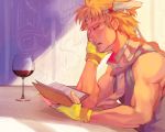 1boy alcohol blonde_hair book caesar_anthonio_zeppeli elbow_rest from_side glass grat-k head_rest headband holding holding_book jojo_no_kimyou_na_bouken male_focus muscle nail_polish open_mouth profile scarf signature solo striped striped_scarf upper_body wine winged_hair_ornament yellow_nails 