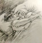 1boy 1girl bed blanket closed_eyes graphite_(medium) greyscale hug jojo_no_kimyou_na_bouken kishibe_rohan monochrome rin2010 sleeping sugimoto_reimi traditional_media 