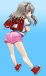  1girl abazu-red backpack bag blue_background brown_eyes full_body girls_und_panzer gradient gradient_background hair_ribbon hairband leaning_forward light_brown_hair long_hair looking_at_viewer looking_back open_mouth pink_shorts randoseru red_shoes ribbon shimada_arisu shirt shoes short_shorts shorts side_ponytail smile sneakers solo standing t-shirt white_shirt 
