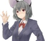  1girl \||/ alternate_costume animal_ears bangs black_jacket blazer blush bow bowtie buttons closed_mouth collared_shirt eyebrows eyebrows_visible_through_hair formal grey_hair jacket long_sleeves looking_at_viewer mouse_ears nazrin netamaru red_bow red_bowtie red_eyes serious shirt short_hair simple_background solo suit sweatdrop touhou upper_body white_background white_shirt wing_collar 