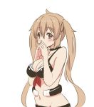  1girl ahoge bare_shoulders bikini_top black_bikini_top black_ribbon blush breasts brown_eyes covering_mouth hair_ribbon kantai_collection large_breasts light_brown_hair long_hair looking_at_viewer murasame_(kantai_collection) navel ribbon simple_background solo tamu_(mad_works) twintails white_background 
