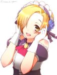  1girl bare_shoulders blonde_hair blue_flower flower gloves hair_flower hair_ornament hair_over_one_eye hands_on_own_cheeks hands_on_own_face idolmaster idolmaster_cinderella_girls looking_at_viewer maid_headdress ookami_maito open_mouth shirasaka_koume short_hair simple_background solo upper_body white_background white_gloves yellow_eyes 