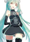  1girl absurdres detached_sleeves dress gears green_hair hair_between_eyes hair_ornament hat hatsune_miku highres holding holding_hat long_hair open_mouth rabiya red_eyes sadistic_music_factory_(vocaloid) smile solo thigh-highs twintails vocaloid white_background 