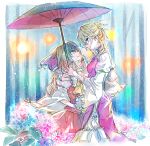  2girls blonde_hair blue_eyes brown_eyes brown_hair detached_sleeves flower frown hair_ribbon hair_tubes hakurei_reimu height_difference hydrangea japanese_clothes long_hair looking_at_another miko multiple_girls oriental_umbrella ponytail rain rekka ribbon touhou umbrella yakumo_yukari 