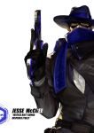  1boy absurdres alternate_costume bad_proportions chino1048 cowboy_hat domino_mask gun handgun hat highres looking_at_viewer mask mccree_(overwatch) overwatch revolver scarf solo upper_body weapon 