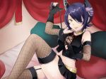  1girl bare_shoulders breasts cleavage collarbone eyepatch fingerless_gloves gloves headgear himaneko kantai_collection large_breasts miniskirt partly_fingerless_gloves purple_hair short_hair skirt solo tenryuu_(kantai_collection) tongue tongue_out yellow_eyes 