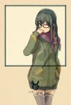  1girl alternate_costume black_hair black_legwear glasses hand_in_pocket highres kantai_collection okerabi_asura ooyodo_(kantai_collection) scarf sketch solo sweater tan_background thigh-highs thighs 