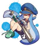  1girl armor bangs bike_shorts black_shirt black_shorts blue_hair blue_hat blunt_bangs blush conomi-c5 domino_mask e-liter_3k_(splatoon) full_body green_shoes hat highres holding holding_weapon inkling light_smile long_hair looking_at_viewer lying mask on_back paint_splatter peaked_cap pointy_ears red_eyes scope shirt shoes short_sleeves shorts single_vertical_stripe sneakers solo splatoon t-shirt tentacle_hair weapon 