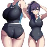  1girl adjusting_hair arimon_(dfrgty12) armpits asahina_mafuyu ass bangs black_swimsuit breasts closed_mouth competition_swimsuit hair_between_eyes hair_ornament highres large_breasts long_hair looking_at_viewer one-piece_swimsuit ponytail project_sekai purple_hair smile solo standing swimsuit thighs violet_eyes 