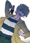  1boy asuka_ryou belt blonde_hair blue_eyes broken_bottle coat devilman male male_focus open_clothes open_coat open_mouth shirt shirt_tucked_in sideburns simple_background smile solo striped striped_shirt trench_coat utou white_background 