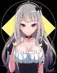 1girl armband bangs bell bell_collar black_hairband breast_suppress breasts cleavage collar dreamcatcher grey_hair hairband jingle_bell large_breasts long_hair maid mole mole_on_breast original puffy_short_sleeves puffy_sleeves short_sleeves solo violet_eyes 