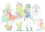  4girls animal_costume blake_belladonna christmas christmas_elf christmas_tree gift highres iesupa multiple_girls reindeer_costume ruby_rose rwby santa_costume snowman_costume weiss_schnee yang_xiao_long 