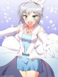  1girl anastasia_(idolmaster) blue_dress collarbone dress elbow_gloves eyebrows eyebrows_visible_through_hair gloves green_eyes idolmaster idolmaster_cinderella_girls jewelry long_hair looking_at_viewer necklace ookami_maito open_mouth pure_white_memories short_hair silver_hair solo twitter_username white_gloves 