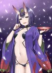  1girl alcohol black_eyes blush breasts cherry_blossoms cowboy_shot eyebrows fangs fate/grand_order fate_(series) highres horns japanese_clothes kimono navel oni oni_horns open_mouth purple_hair sakazuki sake short_hair shuten_douji_(fate/grand_order) sky_(freedom) small_breasts solo wide_sleeves 