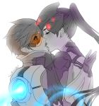  2girls artist_name closed_eyes goggles head_mounted_display kiss ladylillieath monochrome multiple_girls overwatch ponytail purple_hair signature surprised tracer_(overwatch) widowmaker_(overwatch) yuri 