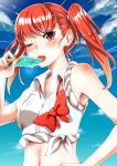  1girl bow bowtie earrings eyebrows eyebrows_visible_through_hair food hair_ornament hand_on_hip ice_cream jewelry kyoubashi_amane long_hair looking_at_viewer murabito_c navel one_eye_closed red_bow red_eyes redhead school_girl_strikers shirt solo tied_shirt tongue tongue_out twintails upper_body white_shirt 