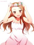  1girl brown_eyes brown_hair collarbone dress head_wreath idolmaster long_hair looking_at_viewer minase_iori ookami_maito open_mouth signature simple_background solo sundress white_background white_dress 