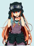  1girl amano_tora animal_helmet black_gloves blue_background gloves goggles goggles_on_headwear hat highres kazenoko long_hair looking_at_viewer open_mouth original redhead simple_background sketch smile solo 