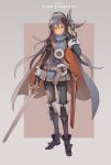  1girl absurdres bangs belt blue_boots blue_gloves blue_hair boots cape character_name copyright_name cotton_tan fingerless_gloves fire_emblem fire_emblem:_kakusei full_body gloves hair_between_eyes highres holding holding_sword holding_weapon long_hair looking_at_viewer lucina mask pantyhose red_eyes sheath solo standing striped striped_legwear sword tiara vertical-striped_legwear vertical_stripes weapon 