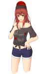  1girl absurdres bare_shoulders blush collarbone contrapposto hand_on_hip hecatia_lapislazuli highres off-shoulder_shirt off_shoulder ozu_(agito100001) polos_crown red_eyes redhead shirt short_shorts shorts smile solo t-shirt thighs tied_shirt touhou 