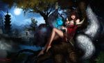  1girl against_tree ahri animal_ears anklet artist_name bare_legs bare_shoulders barefoot black_hair breasts bridge cleavage expressionless facial_mark fox_ears fox_tail full_moon jewelry knee_up korean_clothes large_breasts league_of_legends lips long_hair looking_at_viewer magic moon multiple_tails nath._bateman nature night outdoors pagoda robe solo tail tree yellow_eyes 