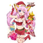  1girl blue_eyes boots breasts candy candy_cane character_request cleavage fishnet_legwear fishnets gift hat holding index_finger_raised kusaka_souji long_hair looking_at_viewer official_art one_eye_closed open_mouth pink_hair santa_costume santa_hat scarf solo sparkle star_tattoo tattoo thigh-highs transparent_background twintails uchi_no_hime-sama_ga_ichiban_kawaii wand 