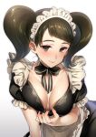  1girl akira_(natsumemo) apron black_hair blush breasts brown_eyes choker cleavage frills gradient gradient_background kawakami_sadayo long_hair looking_at_viewer maid maid_apron maid_headdress persona persona_5 shirt_pull smile solo twintails 