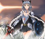  1girl absurdres animal_ears armor breasts cape cat_ears cat_tail cleavage fantasy grass green_eyes highres hiroshi_(hunter-of-kct) lens_flare pleated_skirt sanya_v_litvyak shield short_hair silver_hair skirt snow solo strike_witches sword tail weapon world_witches_series 