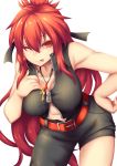  1girl ;p asymmetrical_clothes asymmetrical_legwear blazing_heart_(elsword) breasts cleavage elesis_(elsword) elsword fi-san highres leaning_forward long_hair looking_at_viewer one_eye_closed red_eyes redhead simple_background solo tongue tongue_out 