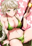  1girl adapted_costume arm_support bare_arms bare_shoulders bikini blush braid breasts cleavage closed_mouth collarbone commentary_request floral_print green_bikini green_eyes kantai_collection large_breasts long_hair looking_at_viewer makumaxu navel print_bikini silver_hair single_braid sitting smile solo stomach swimsuit unryuu_(kantai_collection) very_long_hair wavy_hair 