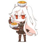  1girl aircraft_carrier_oni bowl chibi elbow_gloves food gloves kantai_collection lowres no_mouth no_nose rebecca_(keinelove) red_eyes shinkaisei-kan side_ponytail skirt solo spoon white_hair 