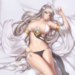  1girl armlet artist_name bangs bare_shoulders breasts closed_mouth crystal detached_sleeves dungeon_and_fighter earrings gem hand_under_clothes head_wings jewelry large_breasts long_hair looking_at_viewer lying monaim navel on_back on_bed original revealing_clothes see-through silver_hair smile solo stomach strapless very_long_hair wide_sleeves 