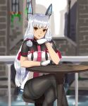  1girl bangs blunt_bangs blurry_background breasts chair commentary_request eyebrows eyebrows_visible_through_hair gloves hand_on_own_chin headgear highres kantai_collection long_hair looking_at_viewer murakumo_(kantai_collection) necktie open_mouth pantyhose remodel_(kantai_collection) silver_hair sitting solo table taka_(vert_320) yellow_eyes 