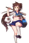  1girl bag ball baseball_bat black_shoes blue_skirt bra brown_hair fcghost green_eyes grin handbag highres jay_(soccer_spirits) looking_at_viewer midriff navel official_art ponytail school_uniform shoes skirt smile soccer_ball soccer_spirits socks solo sports_bra standing underwear white_legwear 