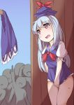  1girl blue_hair blush bottomless covering covering_crotch d: dress faceless fun_bo hat kamishirasawa_keine long_hair no_panties open_mouth red_eyes solo_focus sweat tears thighs torn_clothes torn_dress touhou 