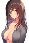  1girl :&lt; blush breasts brown_hair cardigan cleavage collarbone commentary_request large_breasts long_hair looking_at_viewer matarou_(genkai_toppa) no_bra open_cardigan open_clothes original red_eyes signature simple_background solo white_background 