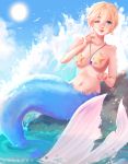  1girl absurdres artist_name bird blonde_hair blue_eyes blue_sky day highres huge_filesize jewelry lips lulybot mermaid monster_girl navel necklace one_eye_closed original parted_lips rock short_hair sitting sky solo splashing sun water 